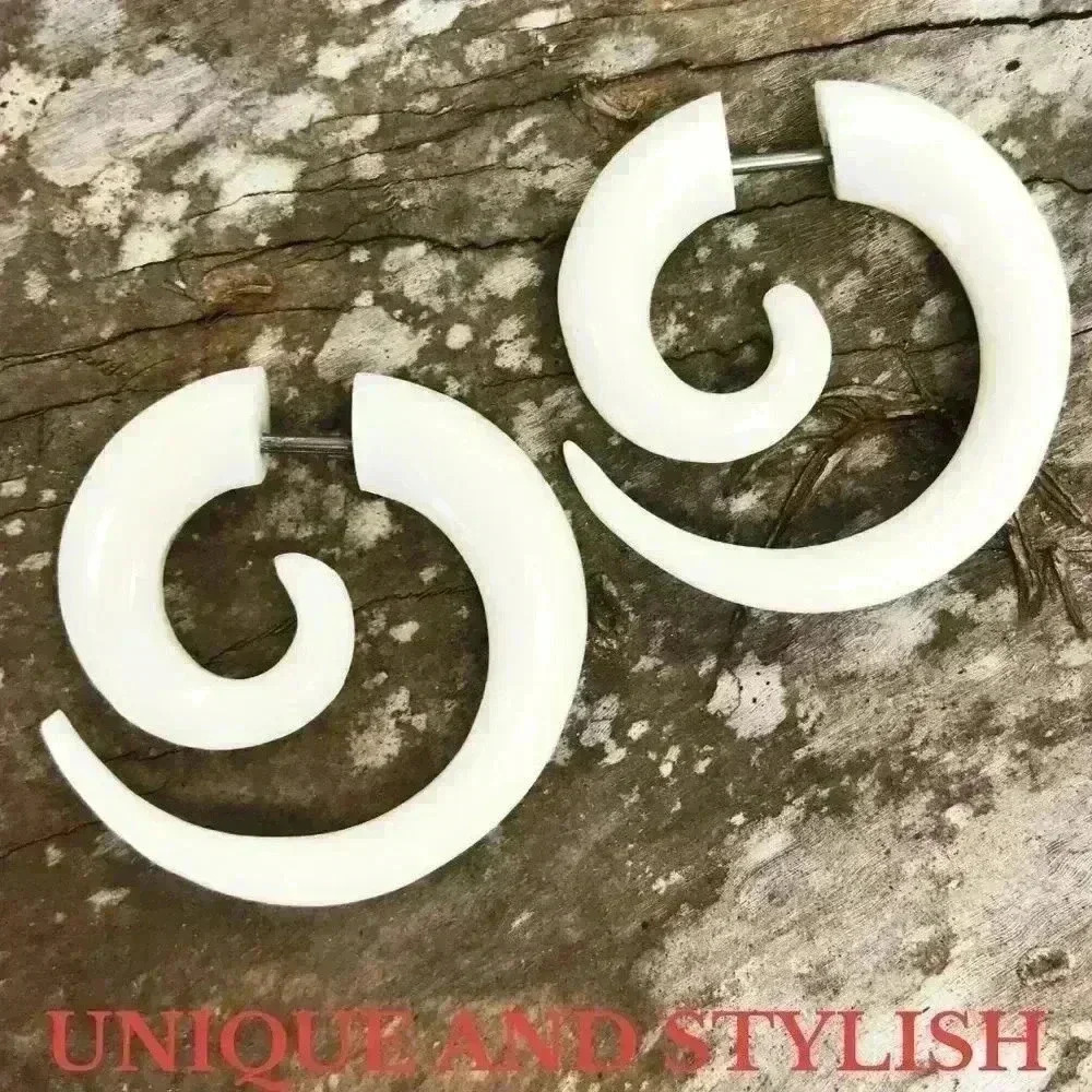 New Organic wooden spiral hoop earrings fake gauges by umbrellalaboratory - Picture 3 of 7